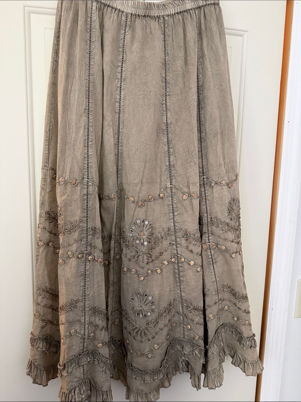 Soft Surroundings Taupe Embroidered Maxi Skirt
